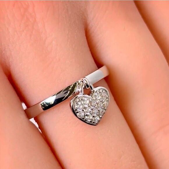 Sterling Silver Dangling Heart CZ Ring New - Picture 6 of 6